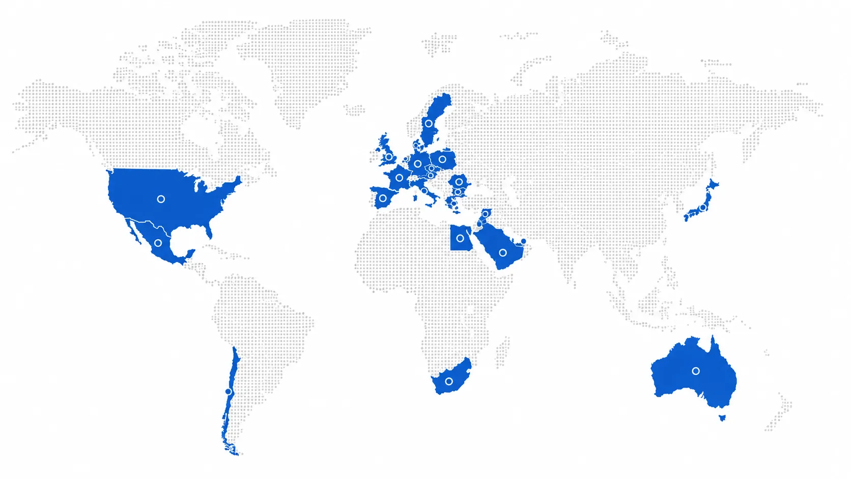World map illustrating EL ENGINEERING's geographic experience across international markets, with regions and countries listed below